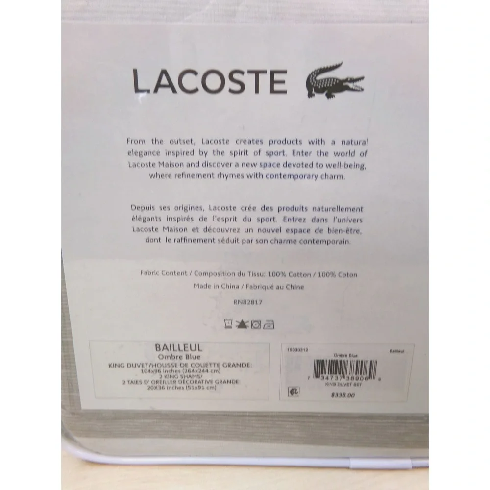 Lacoste King Bed Duvet 3 Piece Set Bailleul Ombre‎ Blue Duvet 2 Pillow Shams NEW